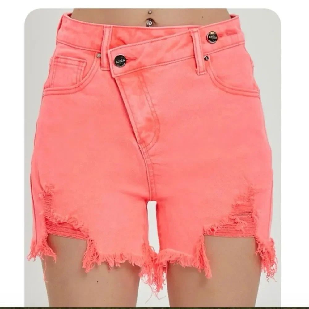 Risen raw hem asymmetrical waist Coral Denim Shorts #18